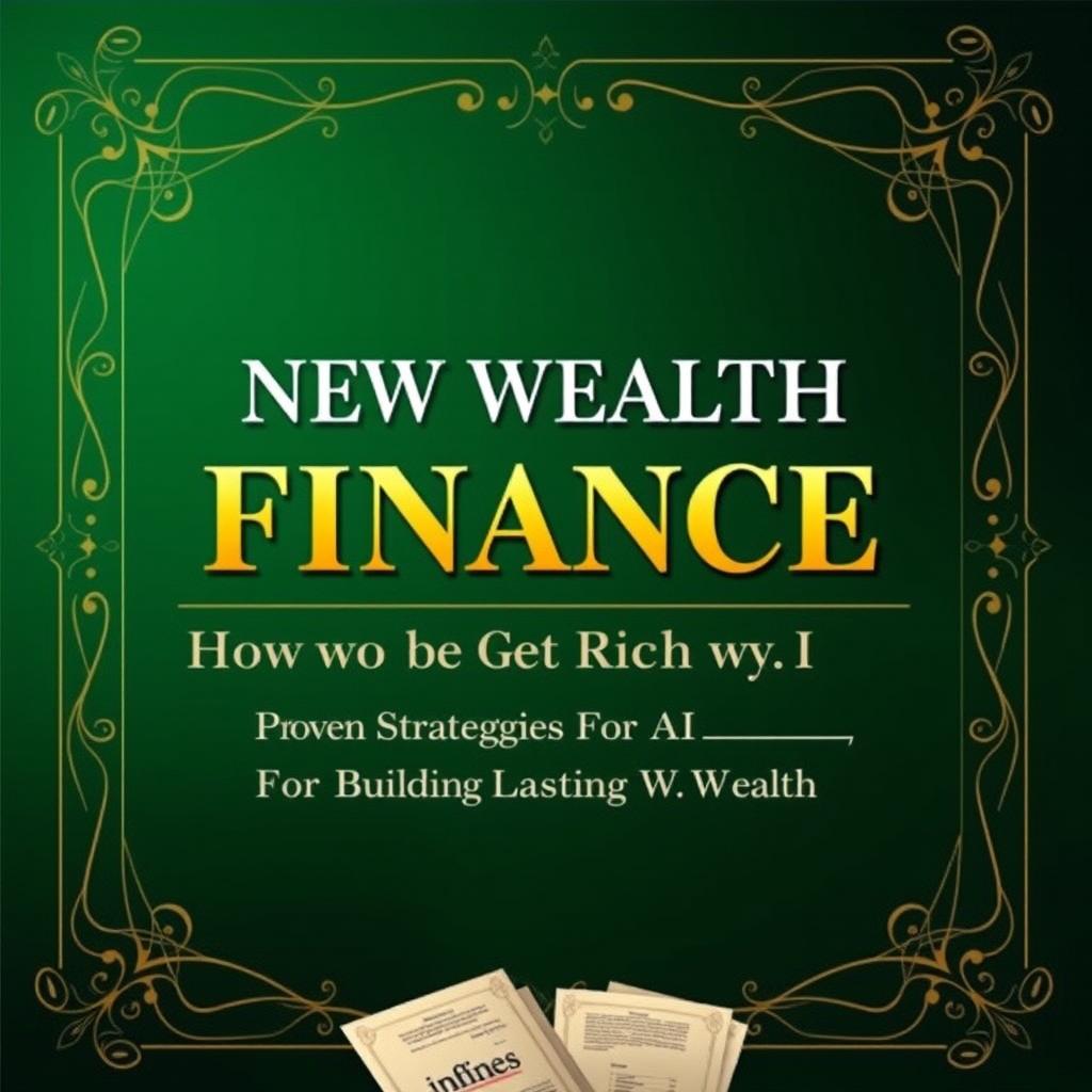A professional ebook cover for 'New Wealth Finance: How to Get Rich with AI – Proven Strategies for Building Lasting Wealth' designed in an old money style