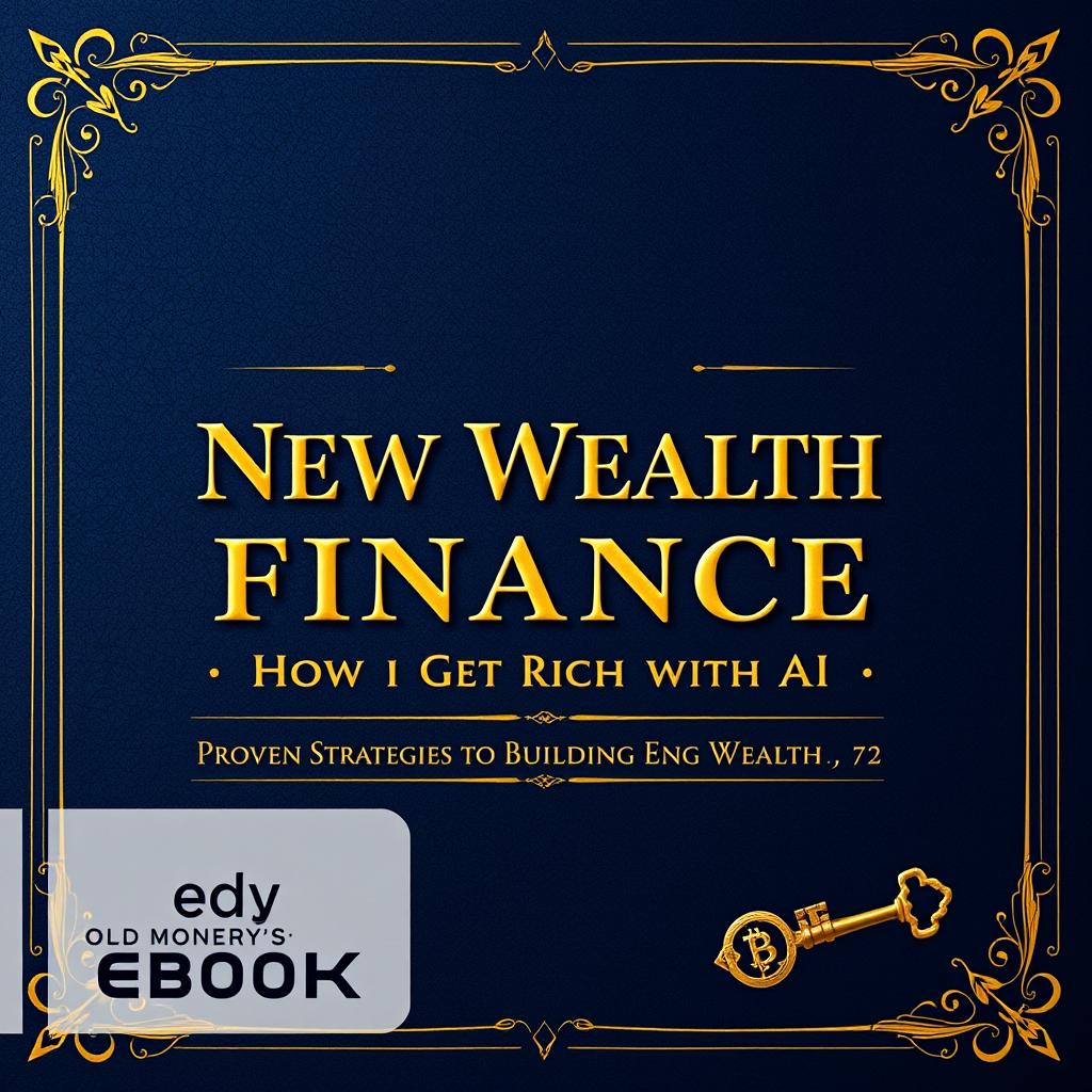 A professional ebook cover for 'New Wealth Finance: How to Get Rich with AI – Proven Strategies for Building Lasting Wealth' designed in an old money style that communicates rich professionalism