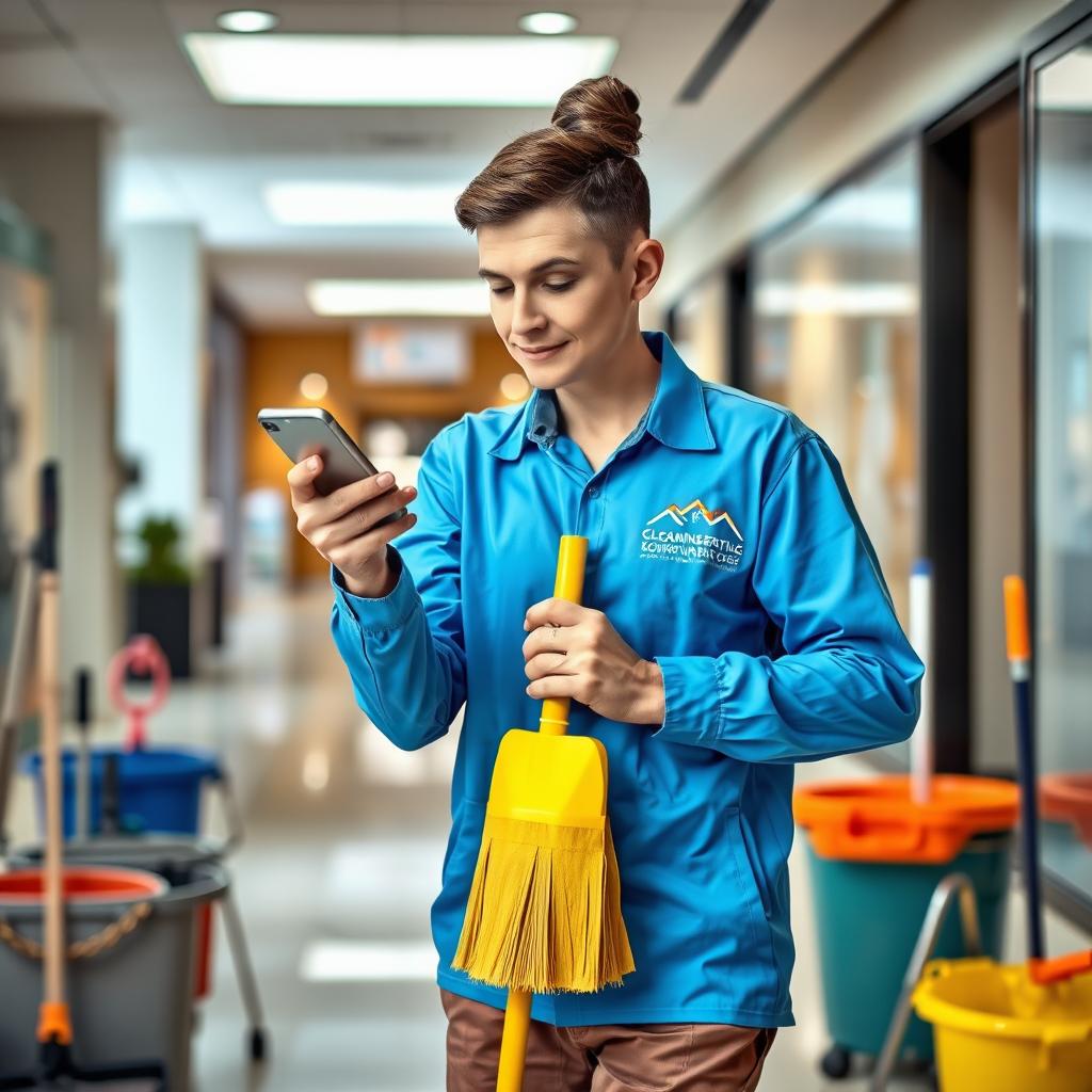 A commercial cleaner leaning casually on a broom while checking off tasks on a mobile phone