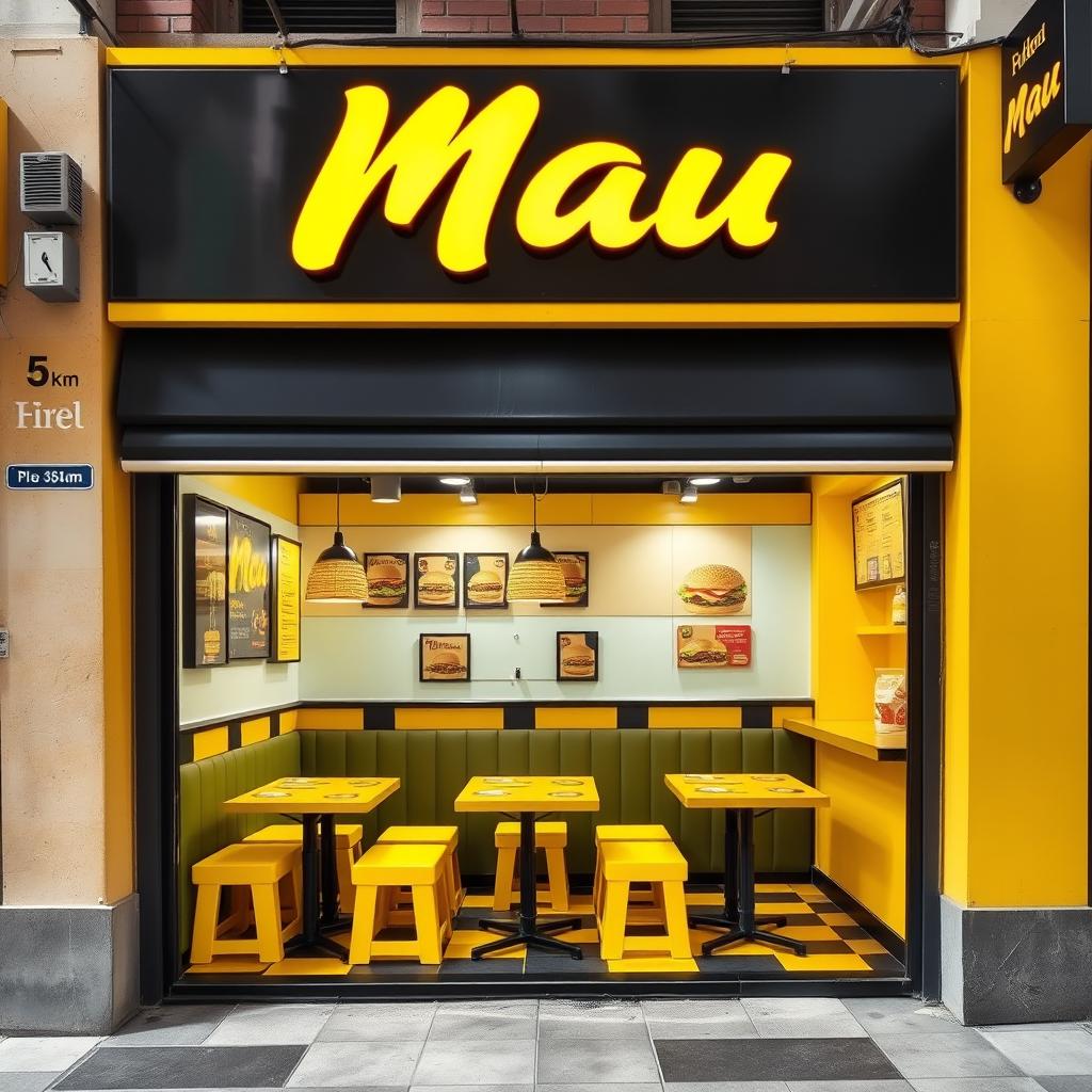A vibrant fast food restaurant specializing in hamburgers, with a prominent sign reading 'Mau'