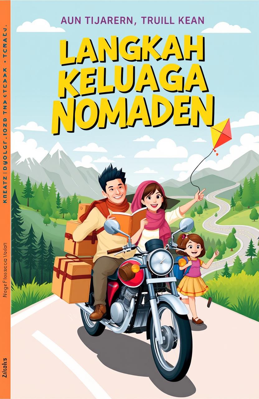 A book cover for "Langkah Keluarga Nomaden" depicting a family of travelers on the road