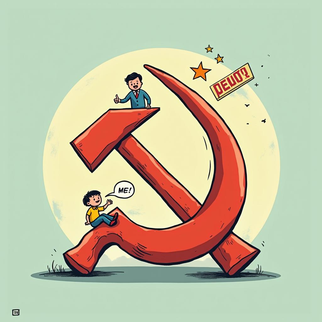 A powerful satirical representation of the communism logo, featuring the hammer and sickle in a humorous and exaggerated style