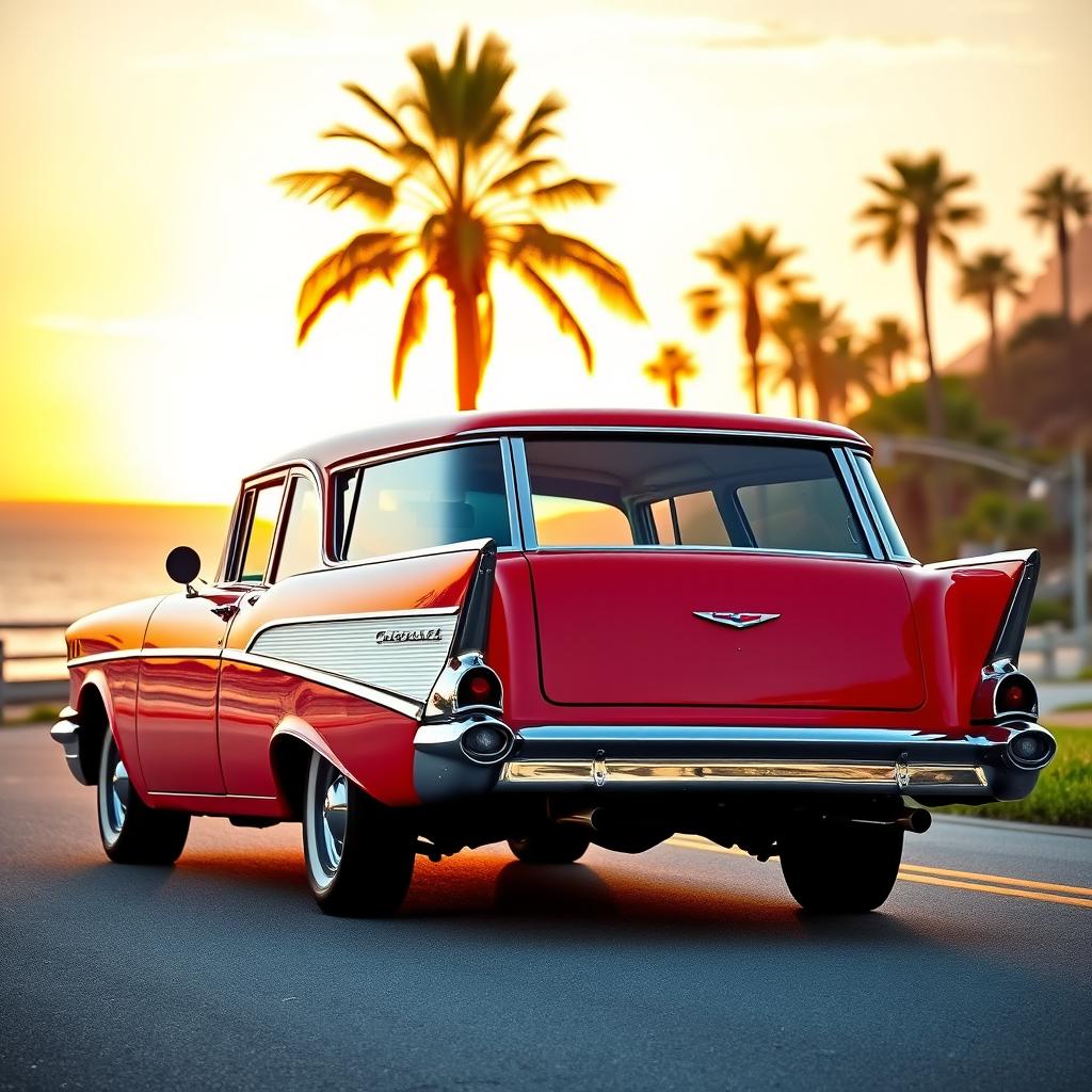 A stunning 1957 Chevy Bel Air Wagon, showcasing its classic chrome details and vibrant paint in a striking red color