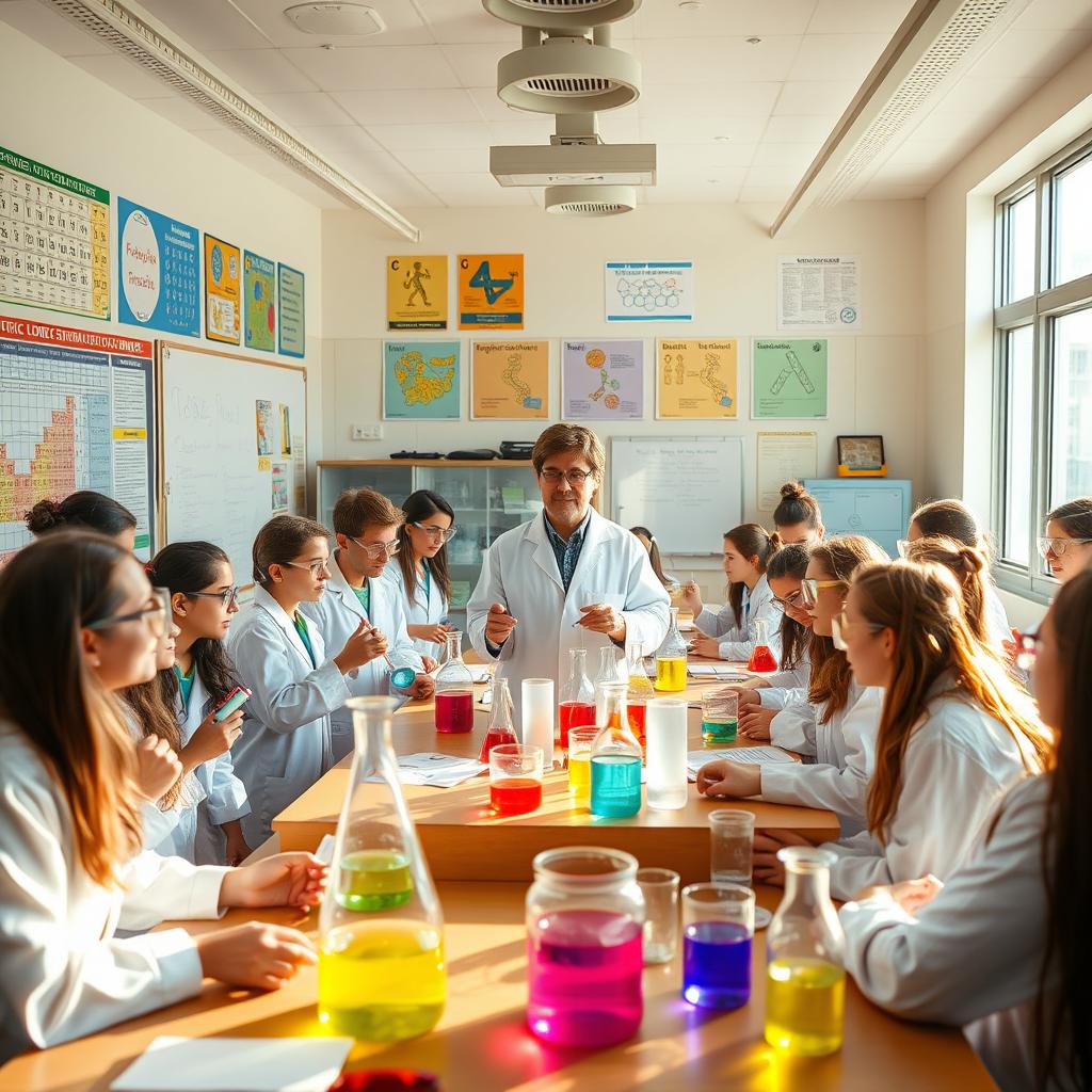 A vibrant 10th-grade chemistry classroom scene, filled with enthusiastic students actively engaged in experiments