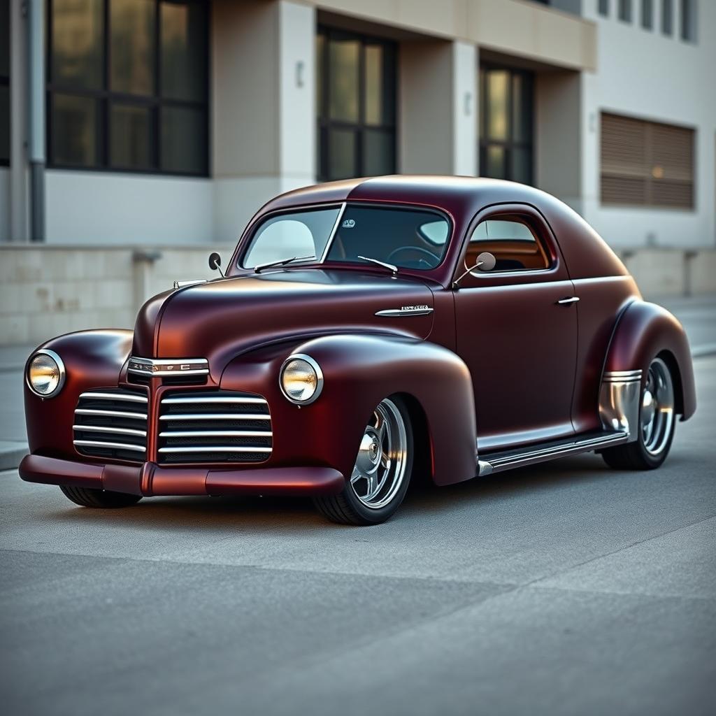A modern restored 1943 Dodge Custom, featuring a sleek and glossy matte deep maroon finish that emphasizes its classic lines, yet infused with futuristic elements such as aerodynamic body modifications and high-tech accents