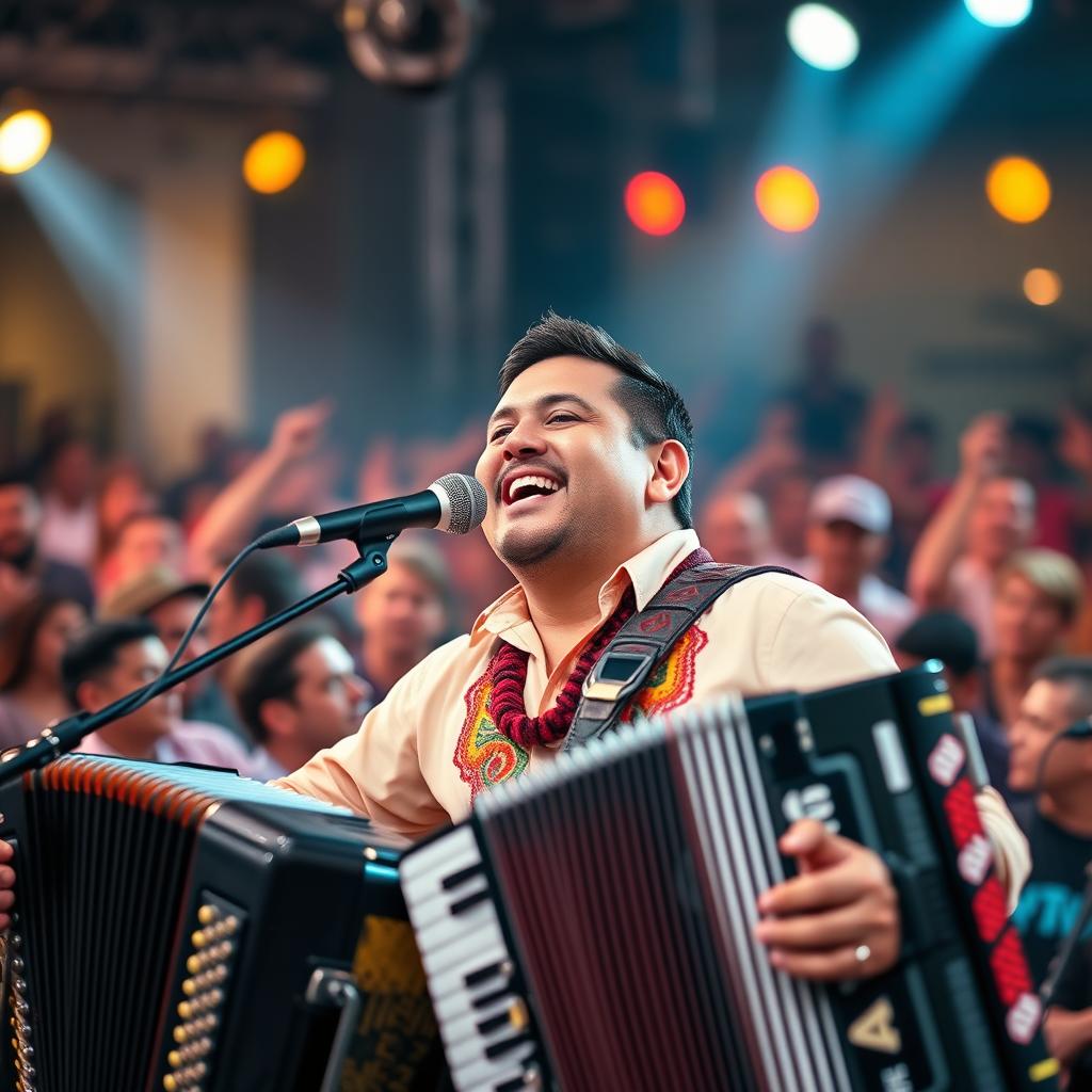 A portrait of Daniel Celedon Orsini, the vallenato singer, showcasing him performing passionately on stage