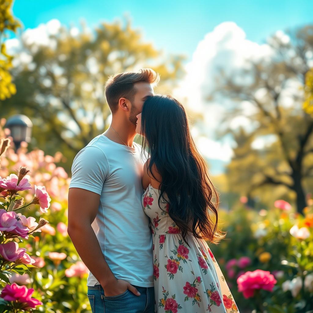 A romantic scene capturing a guy gently kissing a girl in a lush, vibrant park setting