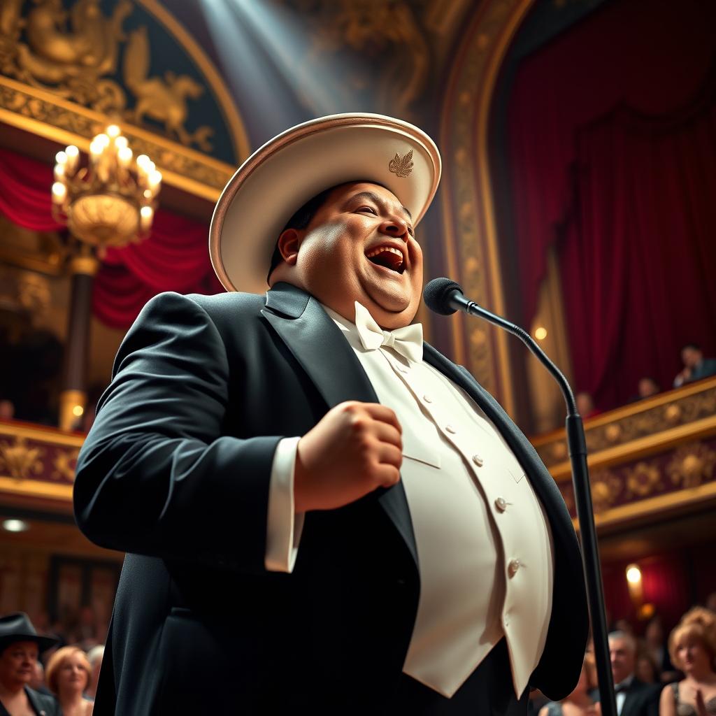 A chubby singer dressed in an elegant tuxedo and a traditional Colombian vueltiao hat, passionately singing opera on a grand stage in a luxurious theater