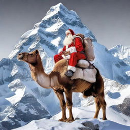 Santa Claus seated on a majestic camel, with the towering and snow-covered peak of Mount Everest in the backdrop.