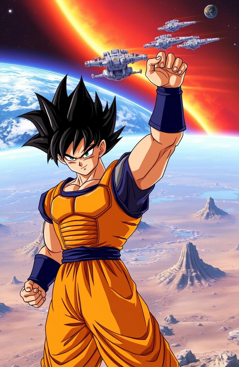 Kakarot (Goku) standing triumphantly in detailed Saiyan armor, with a fierce expression on his face