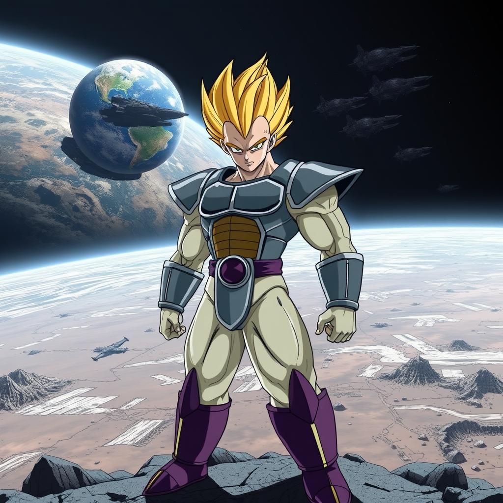 Kakarot standing tall in Saiyan armor reminiscent of Raditz's armor, showcasing his muscular build and determined expression