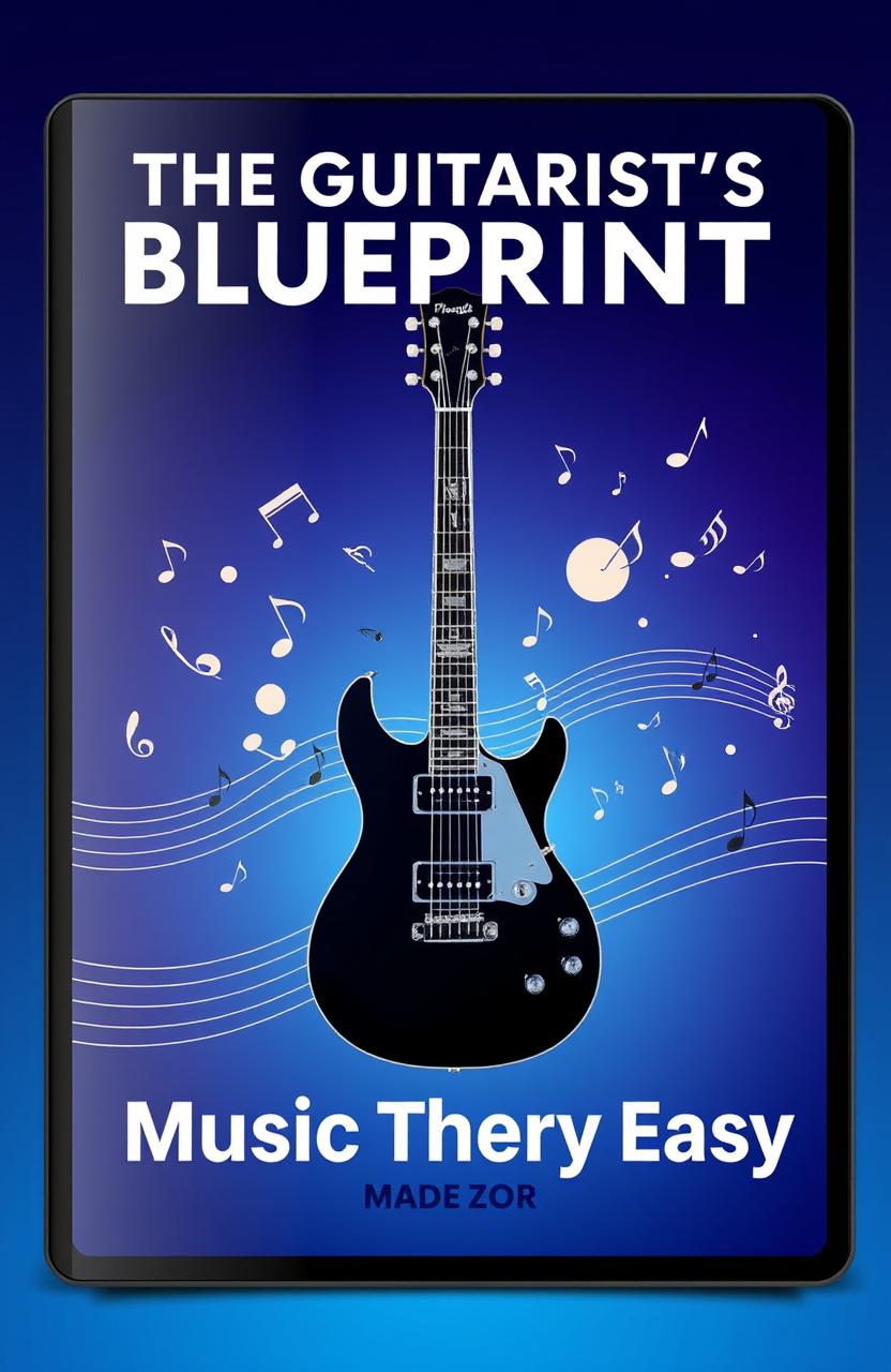 A visually striking ebook cover for 'The Guitarist’s Blueprint: Music Theory Made Easy'