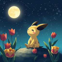 A whimsical scene featuring Mimikyu, the cute Pokemon, sitting and gazing up at a starry sky