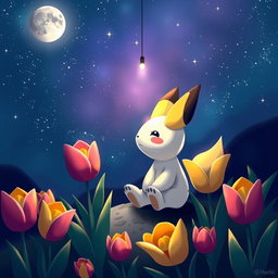 A whimsical scene featuring Mimikyu, the cute Pokemon, sitting and gazing up at a starry sky