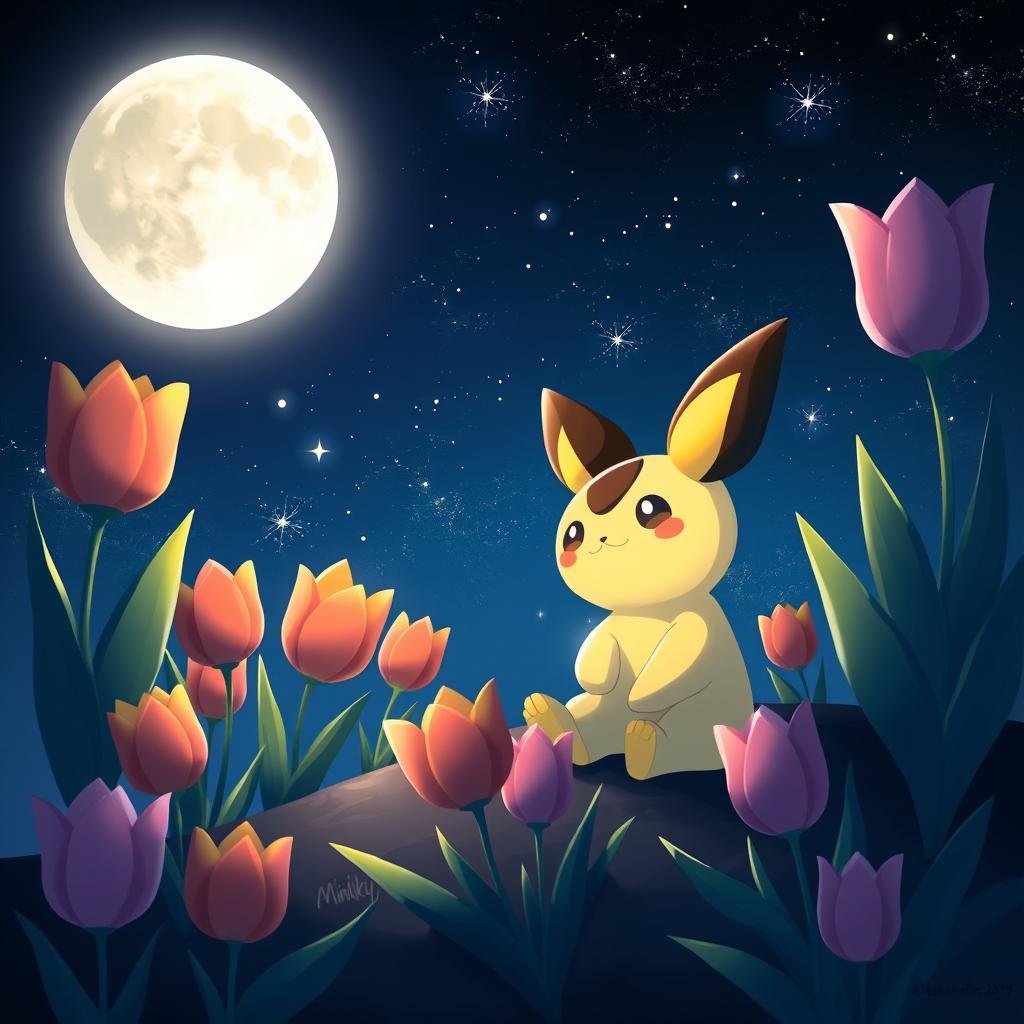 A whimsical scene featuring Mimikyu, the cute Pokemon, sitting and gazing up at a starry sky