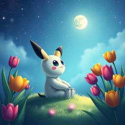 A whimsical scene featuring Mimikyu, the cute Pokemon, sitting and gazing up at a starry sky