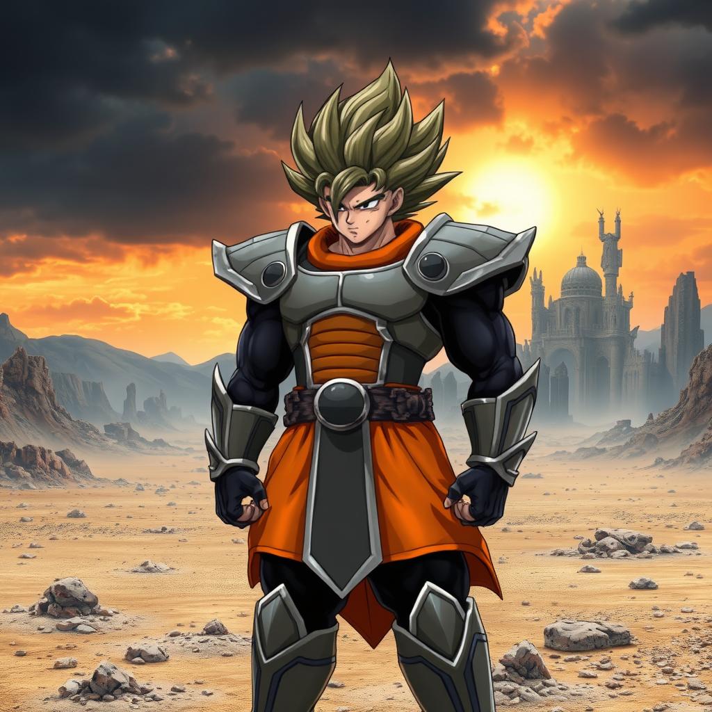 Kakarot, the Saiyan warrior, standing confidently in powerful Saiyan armor reminiscent of Raditz's outfit