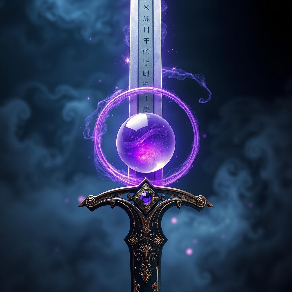 A mystical sword with intricate designs, prominently featuring a shimmering purple orb that gracefully circles around the blade