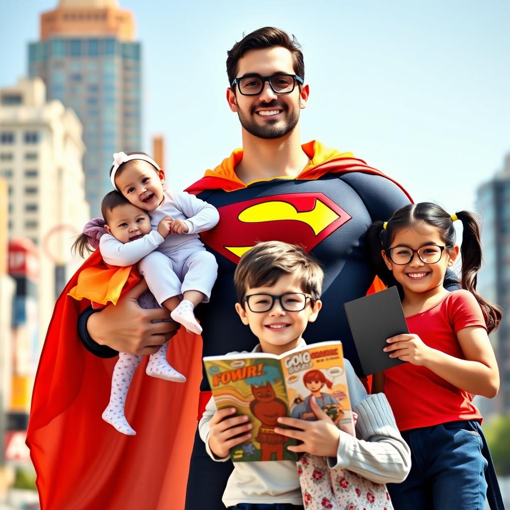A male superhero dad standing proudly with his four children: in his arms, a baby girl with big sparkling eyes and a cute headband, beside him a playful toddler boy wearing a small superhero cape, and two school-aged kids, a boy wearing glasses holding a comic book and a girl with pigtails, all displaying joy and family unity