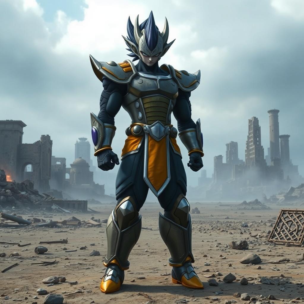 Kakarot standing tall and proud in Saiyan armor reminiscent of Raditz's armor, in a desolate wasteland