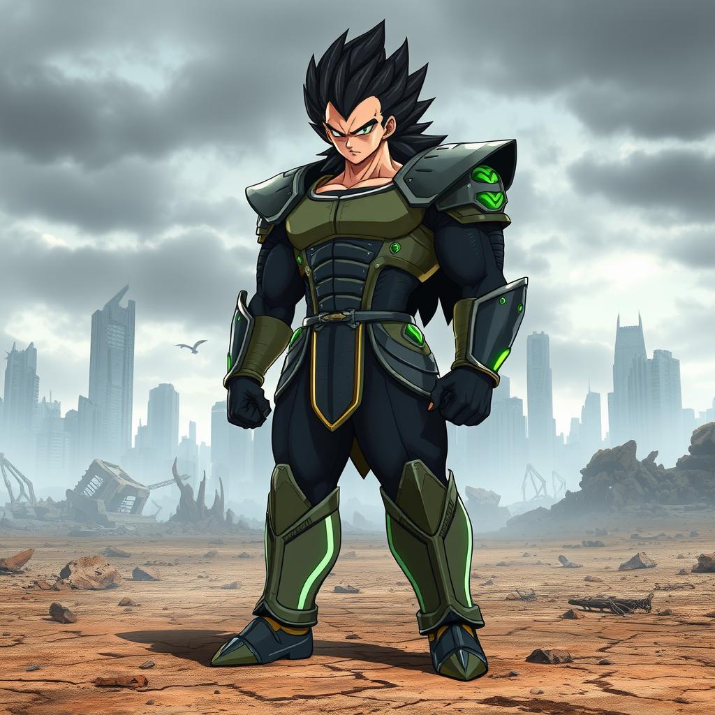Kakarot standing tall in Saiyan armor reminiscent of Raditz's armor, showcasing his muscular physique and determined expression