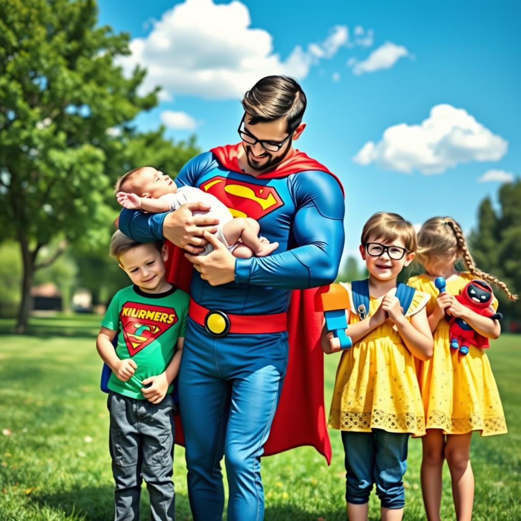 A male superhero dad lovingly holding a newborn girl, with the baby nestled safely in one arm