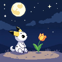 A charming pixel art scene depicting Mimikyu, the adorable Pokemon, sitting and looking up at the night sky