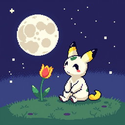 A charming pixel art scene depicting Mimikyu, the adorable Pokemon, sitting and looking up at the night sky