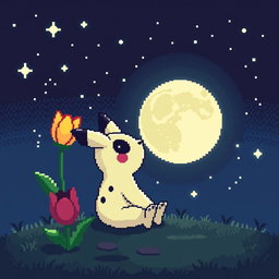A charming pixel art scene depicting Mimikyu, the adorable Pokemon, sitting and looking up at the night sky
