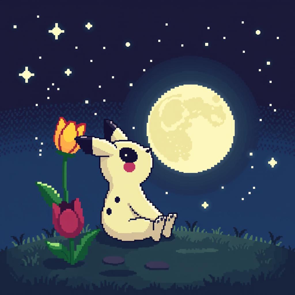 A charming pixel art scene depicting Mimikyu, the adorable Pokemon, sitting and looking up at the night sky