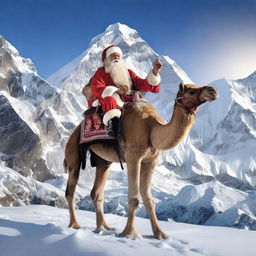 Santa Claus seated on a majestic camel, with the towering and snow-covered peak of Mount Everest in the backdrop.