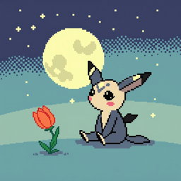 A charming pixel art scene depicting Mimikyu, the adorable Pokemon, sitting and looking up at the night sky