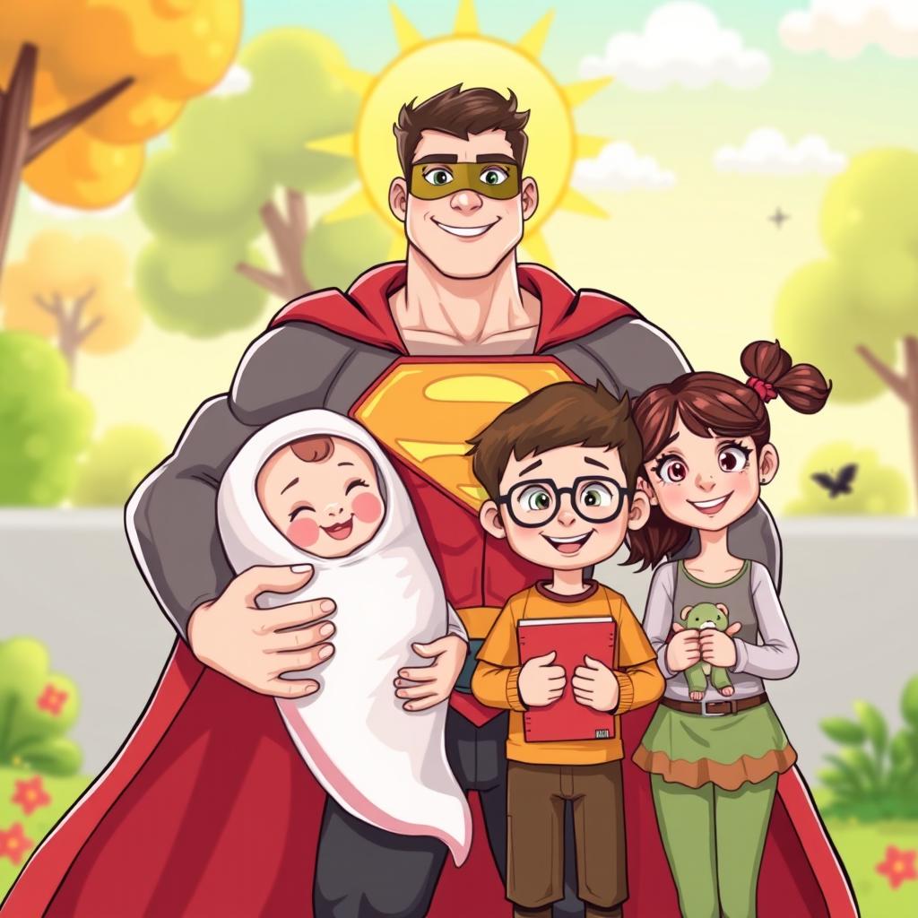 A cartoon-style illustration of a male superhero dad surrounded by his four kids