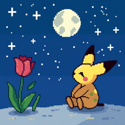 A delightful pixel art scene showcasing Mimikyu, the beloved Pokemon, sitting and gazing up at a twinkling night sky