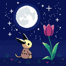 A delightful pixel art scene showcasing Mimikyu, the beloved Pokemon, sitting and gazing up at a twinkling night sky