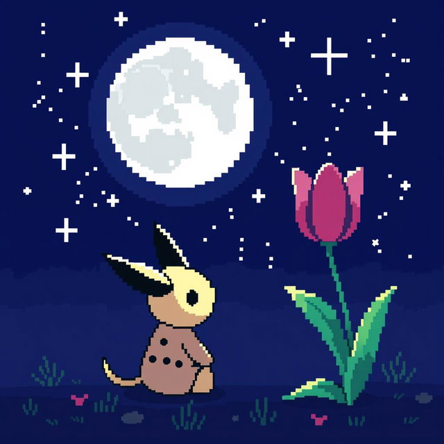 A delightful pixel art scene showcasing Mimikyu, the beloved Pokemon, sitting and gazing up at a twinkling night sky