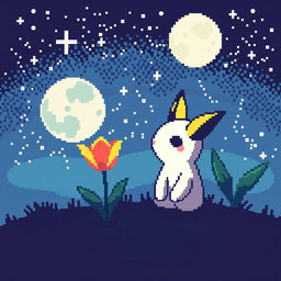 A delightful pixel art scene showcasing Mimikyu, the beloved Pokemon, sitting and gazing up at a twinkling night sky