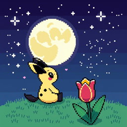 A delightful pixel art scene showcasing Mimikyu, the beloved Pokemon, sitting and gazing up at a twinkling night sky