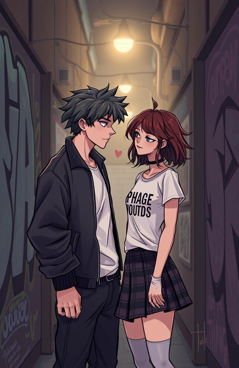 A romantic yet edgy scene inspired by the dynamics of a love-hate relationship, featuring two characters, Fortpeat and Zeenunew