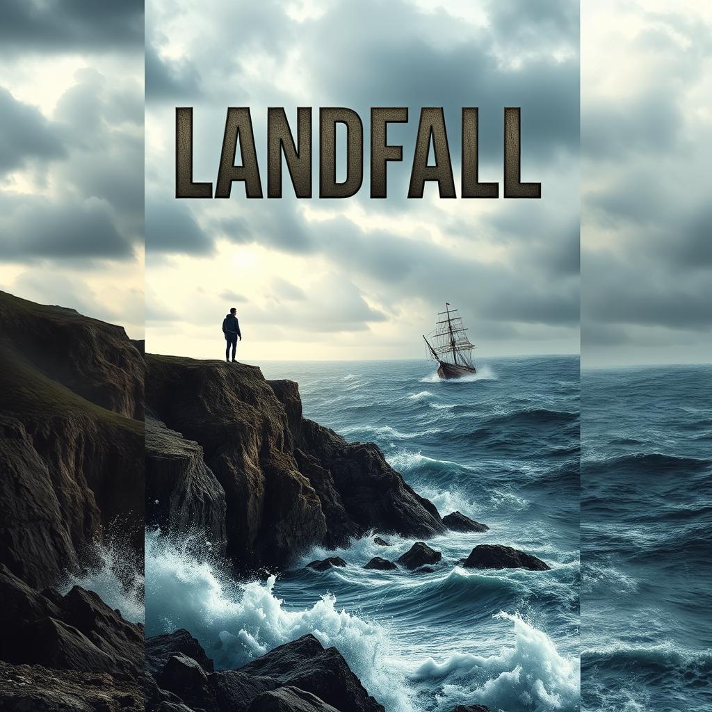 The cover design for the novel "Landfall" capturing a dramatic and adventurous scene