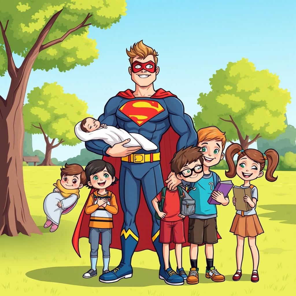A colorful cartoon-style illustration of a male superhero dad standing proudly with his four kids