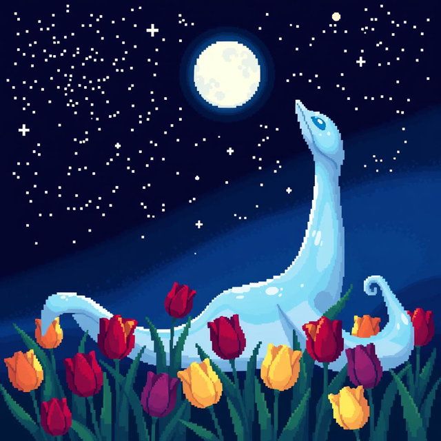 A stunning pixel art depiction of Milotic, the elegant water Pokémon, sitting gracefully and gazing up at a starry night sky