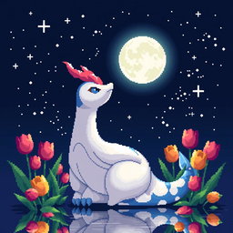 A stunning pixel art depiction of Milotic, the elegant water Pokémon, sitting gracefully and gazing up at a starry night sky