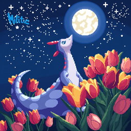 A stunning pixel art depiction of Milotic, the elegant water Pokémon, sitting gracefully and gazing up at a starry night sky