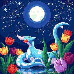 A stunning pixel art depiction of Milotic, the elegant water Pokémon, sitting gracefully and gazing up at a starry night sky