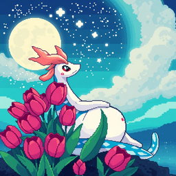A captivating pixel art illustration of Milotic, the graceful water-type Pokémon, seated and gazing at a starry night sky