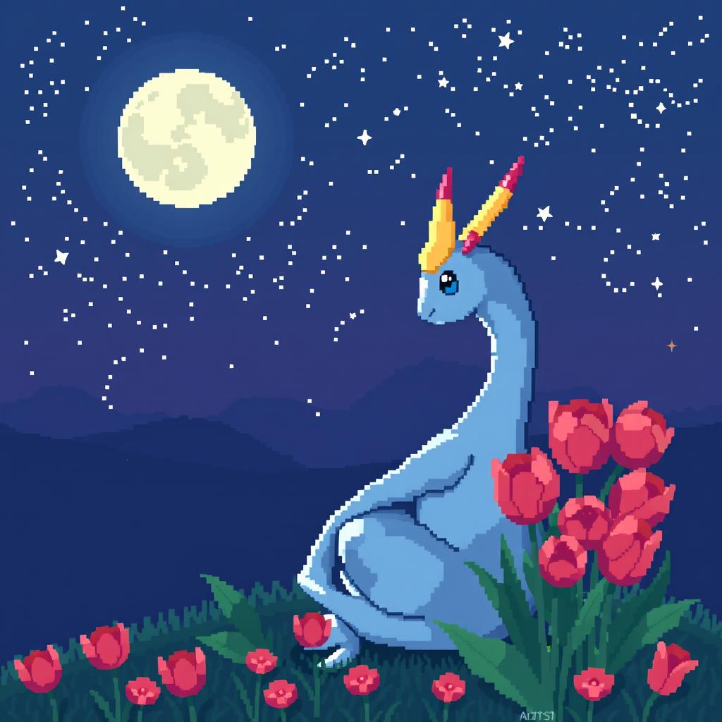 A captivating pixel art illustration of Milotic, the graceful water-type Pokémon, seated and gazing at a starry night sky
