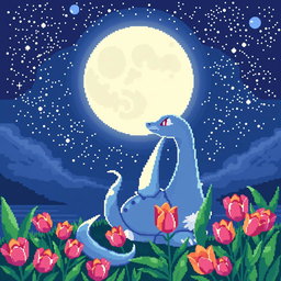 A captivating pixel art illustration of Milotic, the graceful water-type Pokémon, seated and gazing at a starry night sky