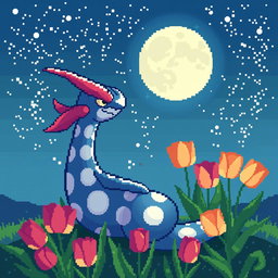 A captivating pixel art illustration of Milotic, the graceful water-type Pokémon, seated and gazing at a starry night sky