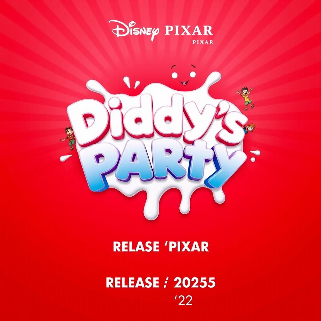 A fun and colorful movie poster for a fictional film titled 'Diddy's Party' by Disney Pixar, set to release in 2025